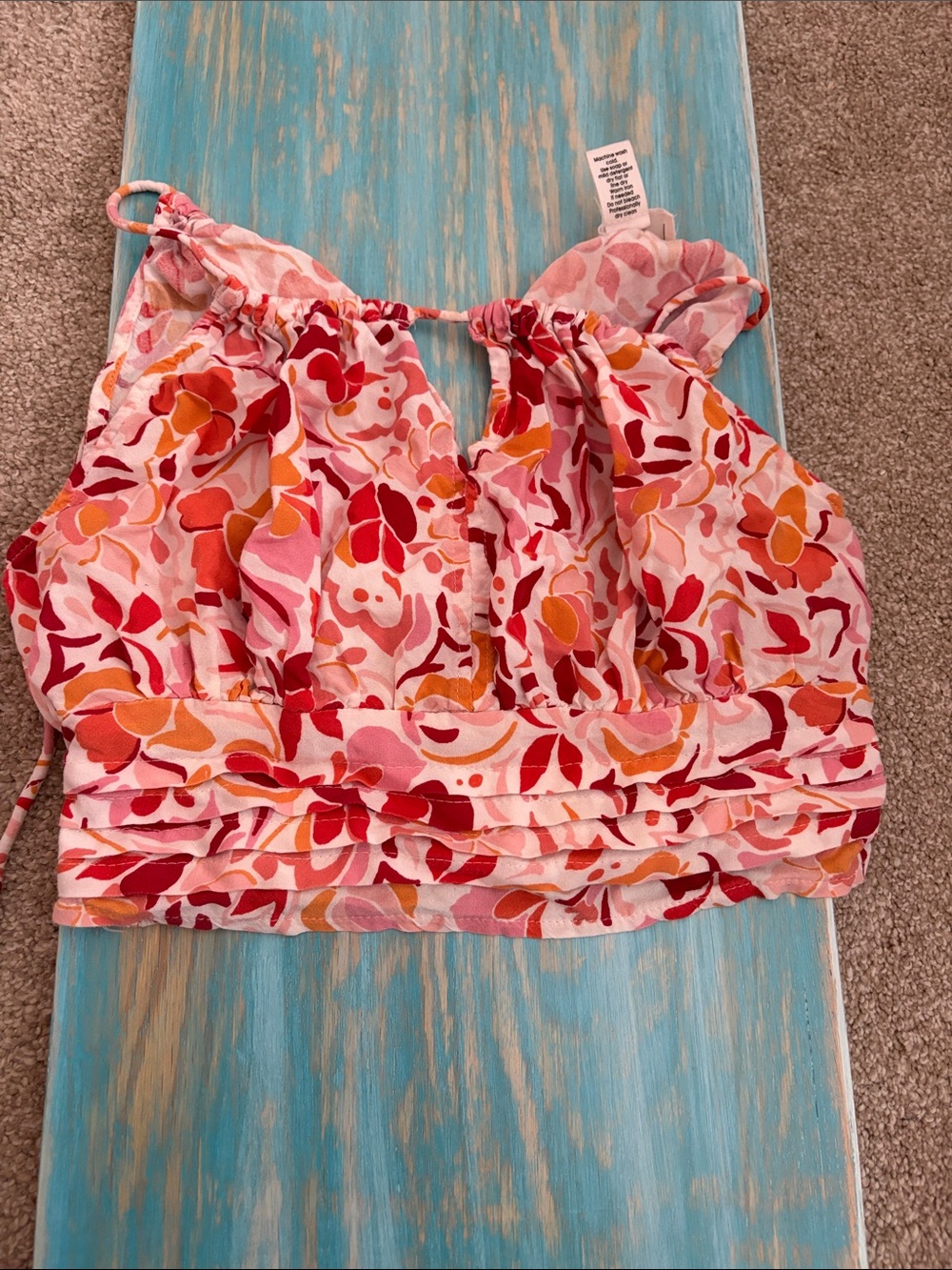Japna Floral Halter Crop Top Pink Orange Boho Festival Smocked Size Medium
